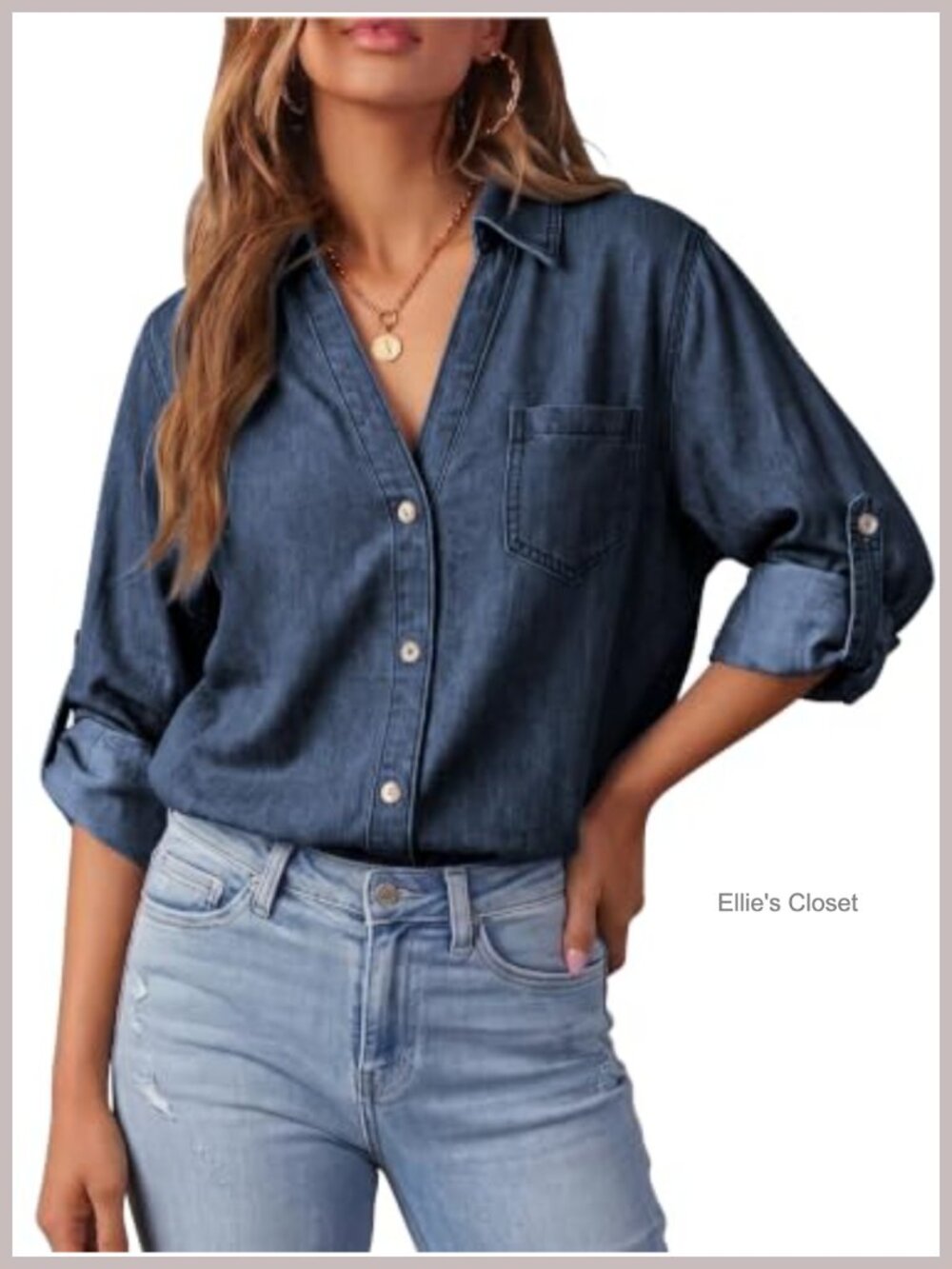 Womens Denim Button Down Shirt Long Sleeve Jean Blouse